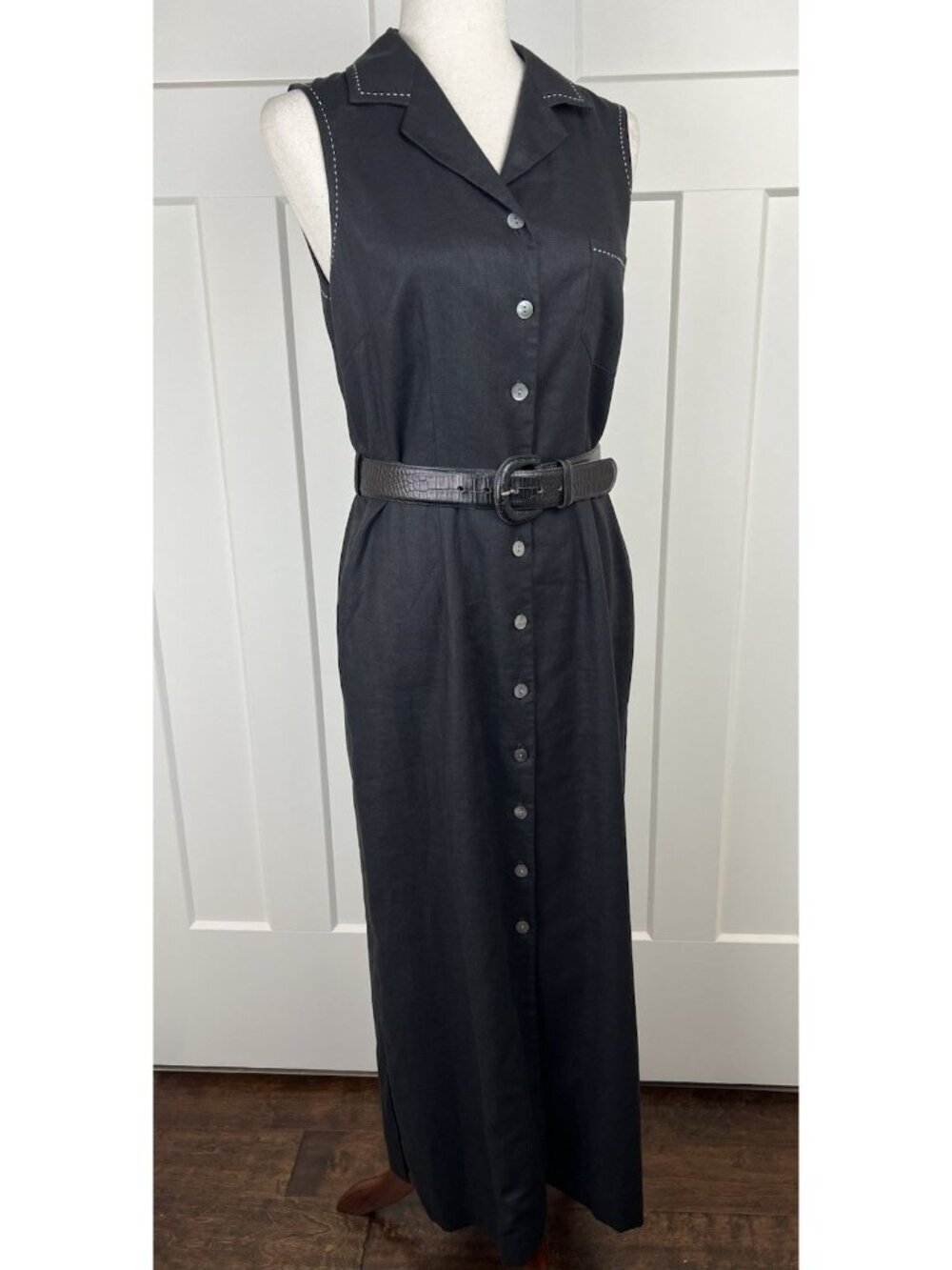 Vintage Harold’s Linen Shirt Dress Black Ivory Stitch Belted Midi Size 6 Sleek - Picture 13 of 16